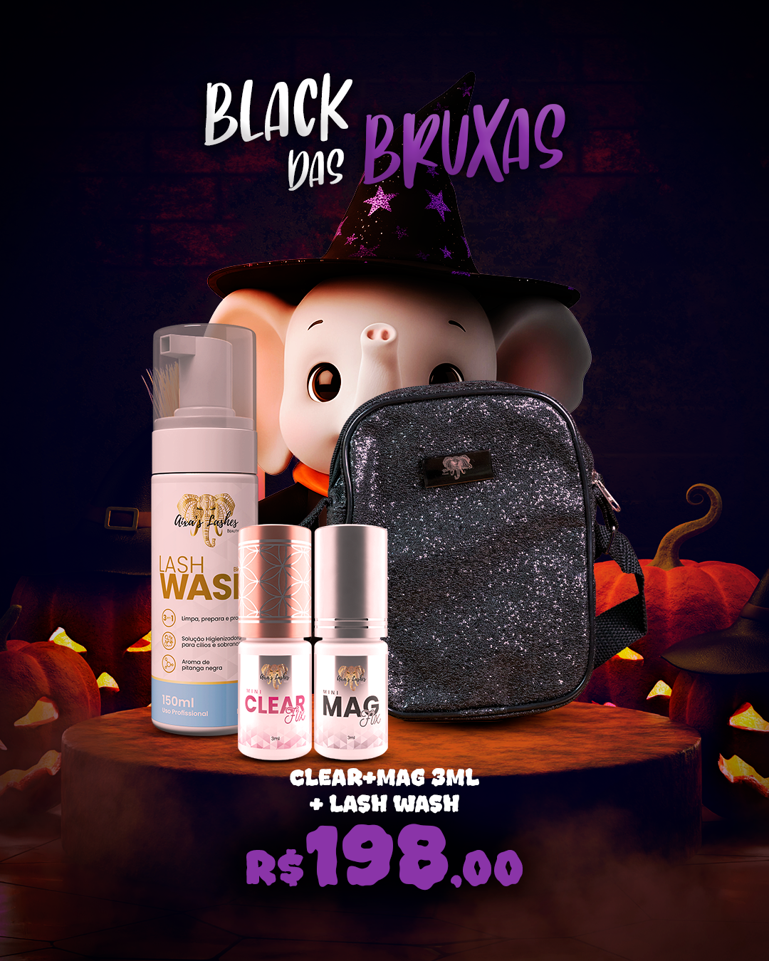 Trio Clear 3ml + Mag 3ml + Lash Wash ( Pump )+ BOLSA GLITTER